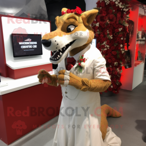 Red Thylacosmilus mascot costume character dressed with a Wedding Dress and Smartwatches