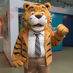 Brown Tiger mascot costume character dressed with a Dress Shirt and Tie pins