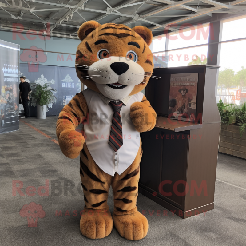 Brown Tiger mascot costume character dressed with a Dress Shirt and Tie pins Brown Tiger mascot costume character dressed with a Dress Shirt and Tie pins