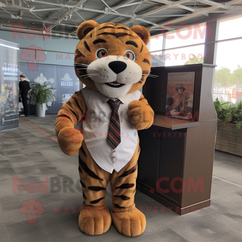 Brown Tiger mascot costume character dressed with a Dress Shirt and Tie pins