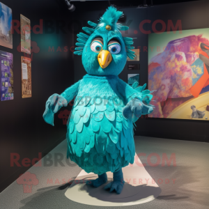 Turquoise Harpy mascot costume character dressed with a Ball Gown and Beanies