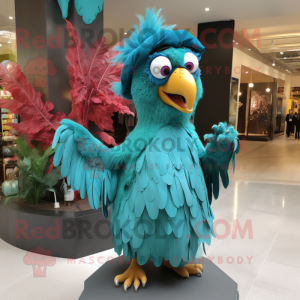 Turquoise Harpy mascot costume character dressed with a Ball Gown and Beanies