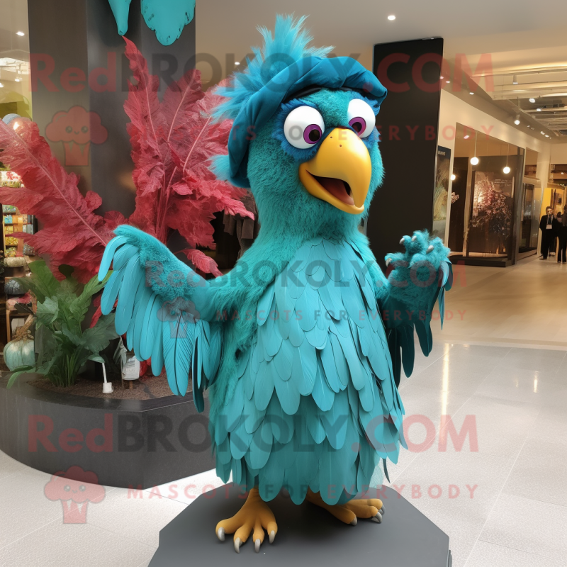 Turquoise Harpy mascot costume character dressed with a Ball Gown and Beanies Turquoise Harpy mascot costume character dressed with a Ball Gown and Beanies