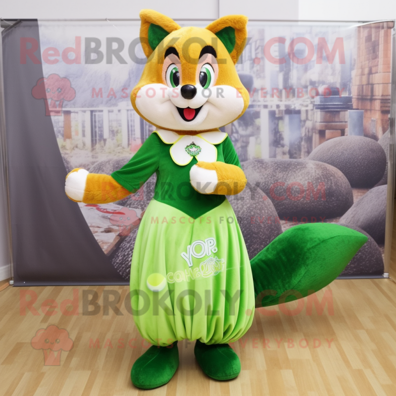 Olive Fox mascot costume character dressed with a Ball Gown and Hair clips