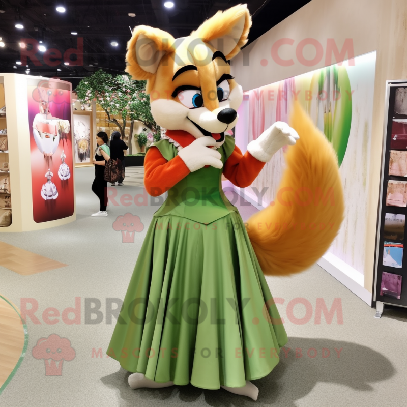 Olive Fox mascot costume character dressed with a Ball Gown and Hair clips