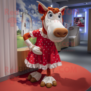 Red Guernsey Cow mascot costume character dressed with a Pleated Skirt and Anklets