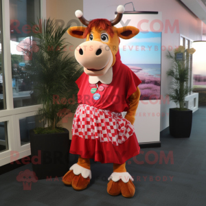 Red Guernsey Cow mascot costume character dressed with a Pleated Skirt and Anklets