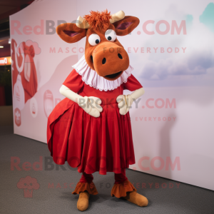Red Guernsey Cow mascot costume character dressed with a Pleated Skirt and Anklets