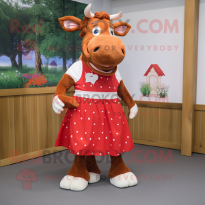 Red Guernsey Cow mascot costume character dressed with a Pleated Skirt and Anklets