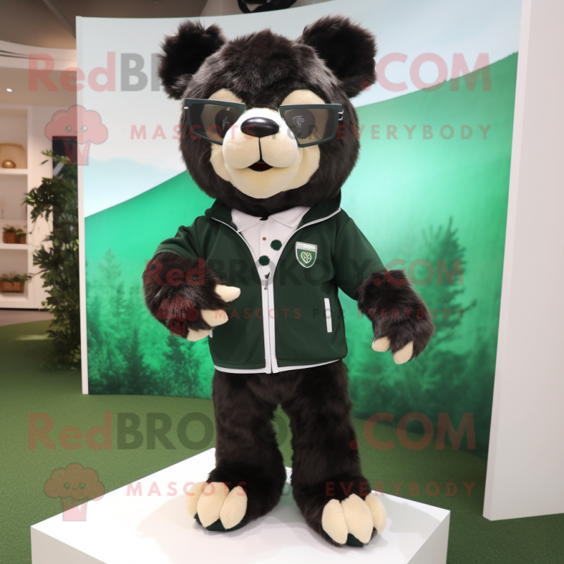 Forest Green Spectacled Bear mascot costume character dressed with a Joggers and Lapel pins Forest Green Spectacled Bear mascot costume character dressed with a Joggers and Lapel pins