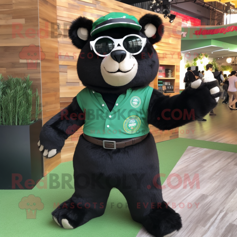 Forest Green Spectacled Bear mascot costume character dressed with a Joggers and Lapel pins Forest Green Spectacled Bear mascot costume character dressed with a Joggers and Lapel pins