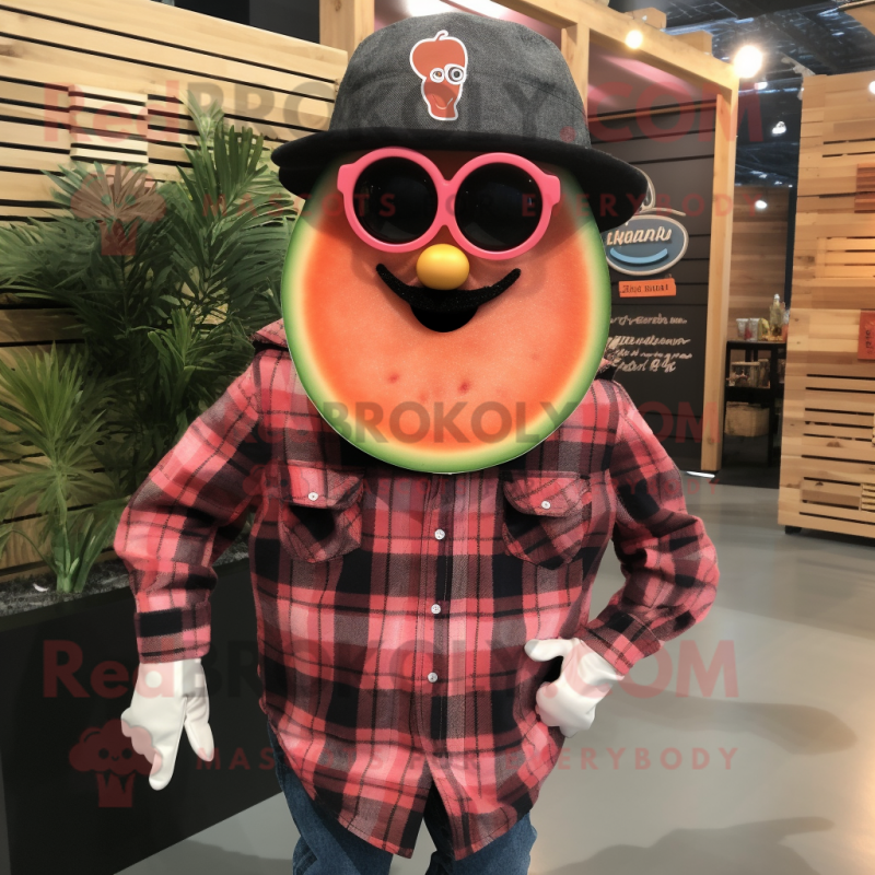 Black Grapefruit mascot costume character dressed with a Flannel Shirt and Necklaces