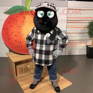 Black Grapefruit mascot costume character dressed with a Flannel Shirt and Necklaces