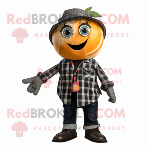 Black Grapefruit mascot costume character dressed with a Flannel Shirt and Necklaces