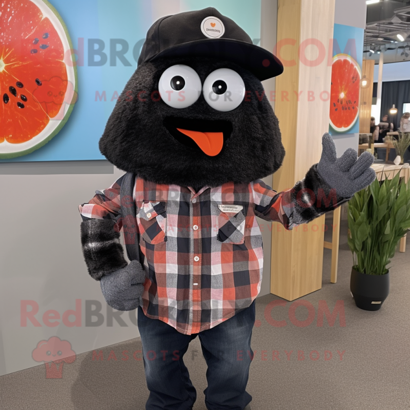 Black Grapefruit mascot costume character dressed with a Flannel Shirt and Necklaces