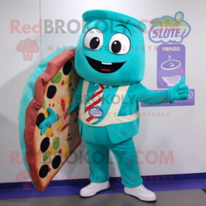 Turquoise Pizza Slice mascot costume character dressed with a Button-Up Shirt and Messenger bags