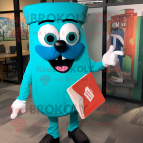 Turquoise Pizza Slice mascot costume character dressed with a Button-Up Shirt and Messenger bags