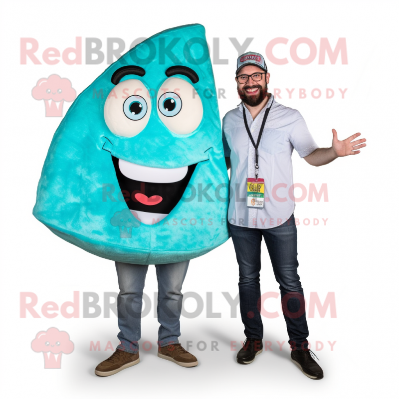 Turquoise Pizza Slice mascot costume character dressed with a Button-Up Shirt and Messenger bags Turquoise Pizza Slice mascot costume character dressed with a Button-Up Shirt and Messenger bags