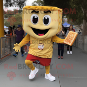 Gold Grilled Cheese Sandwich mascot costume character dressed with a Joggers and Shoe clips