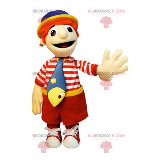 Mascotte del ragazzino vestito da pescatore - Redbrokoly.com