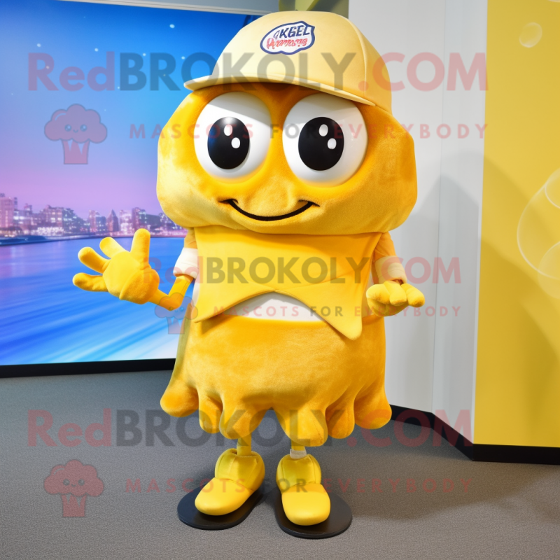 Gold Crab Cakes mascot costume character dressed with a Cardigan and Beanies Gold Crab Cakes mascot costume character dressed with a Cardigan and Beanies