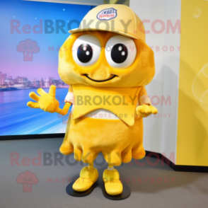 Gold Crab Cakes mascot costume character dressed with a Cardigan and Beanies