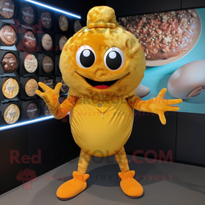 Gold Crab Cakes mascot costume character dressed with a Cardigan and Beanies