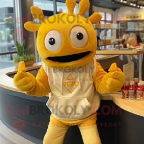 Gold Crab Cakes mascot costume character dressed with a Cardigan and Beanies