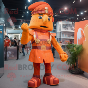 Orange Roman Soldier mascot costume character dressed with a Flare Jeans and Tie pins