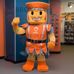 Orange Roman Soldier mascot costume character dressed with a Flare Jeans and Tie pins