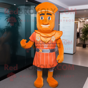 Orange Roman Soldier mascot costume character dressed with a Flare Jeans and Tie pins