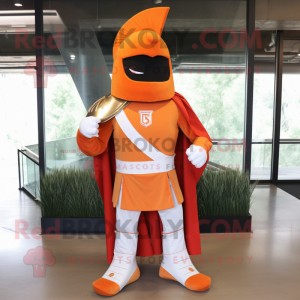 Orange Roman Soldier mascot costume character dressed with a Flare Jeans and Tie pins