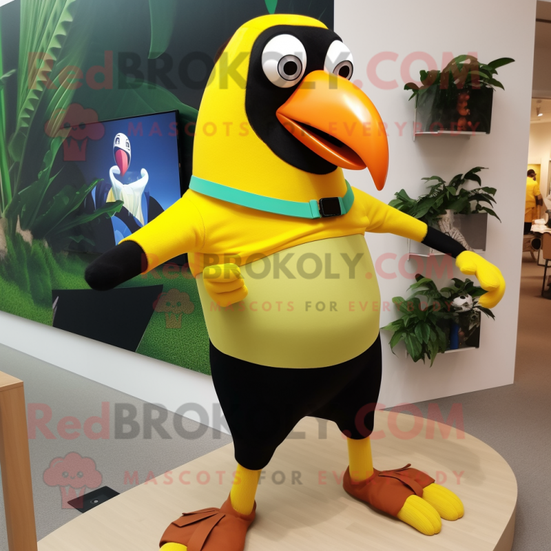 Lemon Yellow Toucan mascot costume character dressed with a Leggings and Bracelet watches