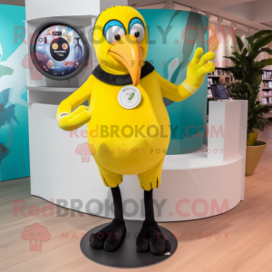 Lemon Yellow Toucan mascot costume character dressed with a Leggings and Bracelet watches