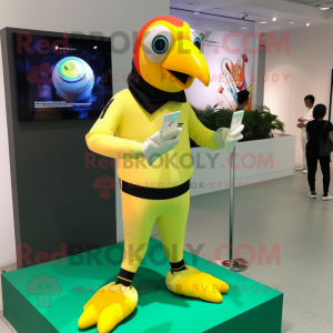 Lemon Yellow Toucan mascot costume character dressed with a Leggings and Bracelet watches