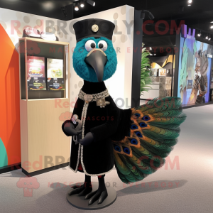 Black Peacock mascot costume character dressed with a Coat and Pocket squares