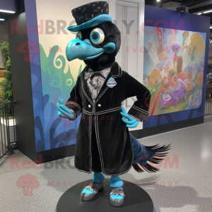 Black Peacock mascot costume character dressed with a Coat and Pocket squares