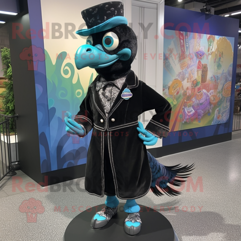 Black Peacock mascot costume character dressed with a Coat and Pocket squares Black Peacock mascot costume character dressed with a Coat and Pocket squares