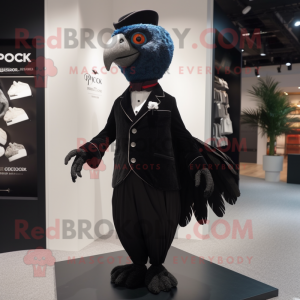 Black Peacock mascot costume character dressed with a Coat and Pocket squares