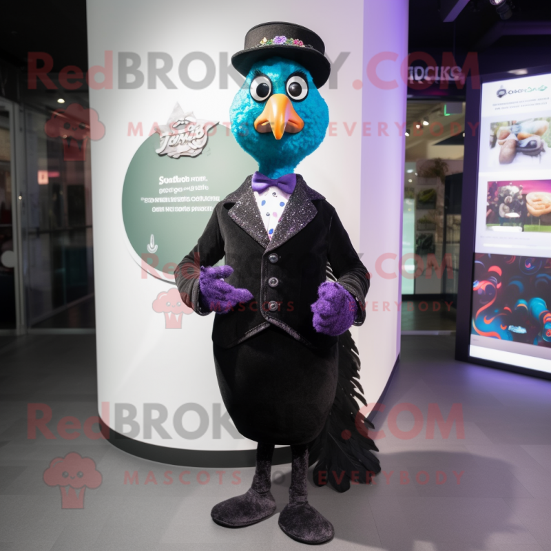 Black Peacock mascot costume character dressed with a Coat and Pocket squares