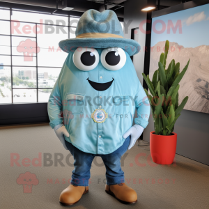 Turquoise Oyster mascot costume character dressed with a Chambray Shirt and Hats