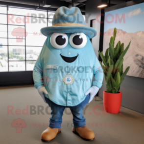 Turquoise Oyster mascot costume character dressed with a Chambray Shirt and Hats