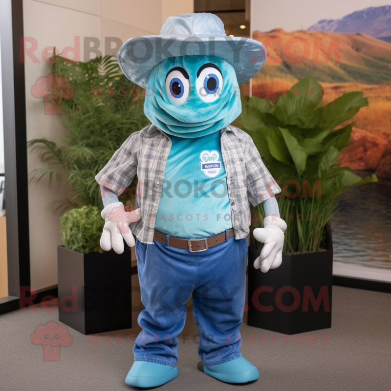 Turquoise Oyster mascot costume character dressed with a Chambray Shirt and Hats