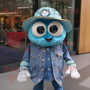 Turquoise Oyster mascot costume character dressed with a Chambray Shirt and Hats