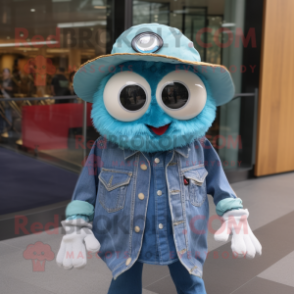 Turquoise Oyster mascot costume character dressed with a Chambray Shirt and Hats