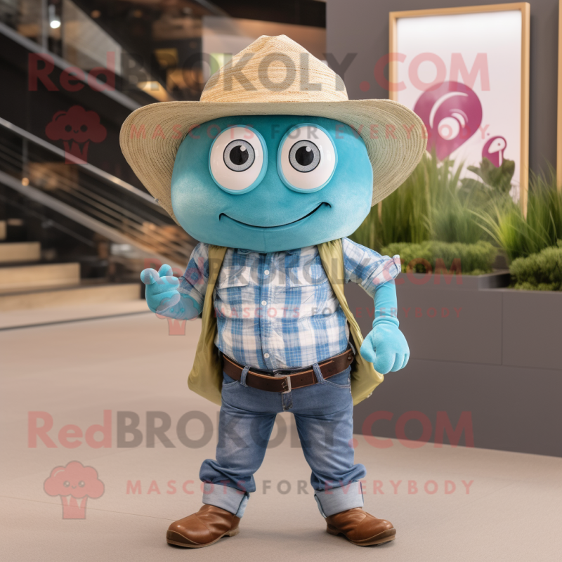 Turquoise Oyster mascot costume character dressed with a Chambray Shirt and Hats