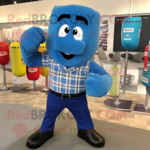 Blue Boxing Glove mascot costume character dressed with a Flannel Shirt and Cufflinks