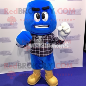 Blue Boxing Glove mascot costume character dressed with a Flannel Shirt and Cufflinks