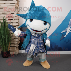 Blue Swordfish mascot costume character dressed with a Flannel Shirt and Scarf clips