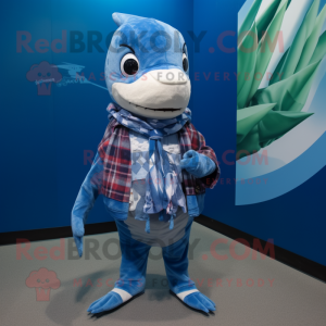 Blue Swordfish mascot costume character dressed with a Flannel Shirt and Scarf clips